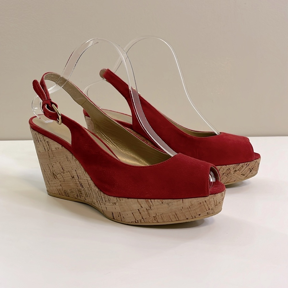 Stuart Weitzman Women’s Rinna Red Suede Slingback Cork Wedge Heels, Size 9M